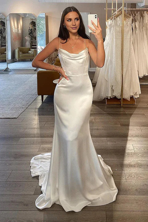 Bohemian DressThin shoulder strap satin pleated minimalist fishtail wedding dress