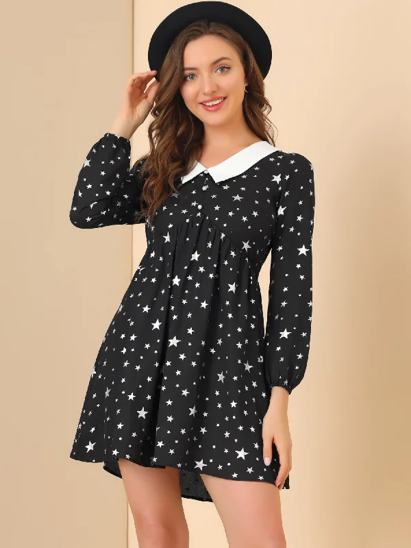 women's mini dressesWomen's Star Printed Long Sleeve Metallic Party A-Line Peter Pan Collar Mini Dress