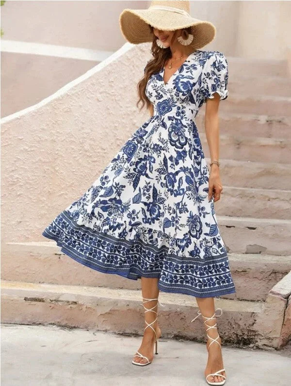 women's denim dressesWomen Short Sleeve V Neck Floral Maxi Dress