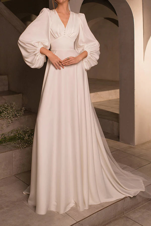 Plus-Size DressA-neck V-neck long sleeved satin minimalist drag on wedding dress