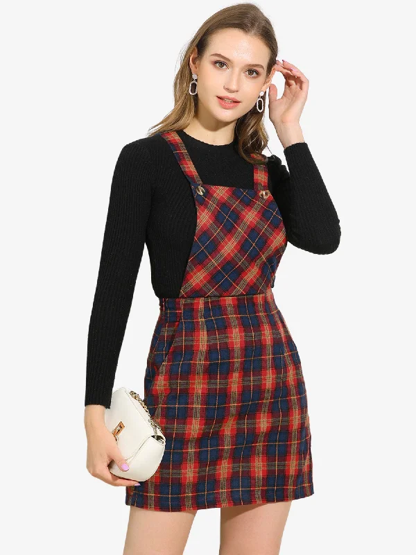 Shift DressOverall Bib Plaid Adjustable Strap Pinafore Mini Suspender Skirt