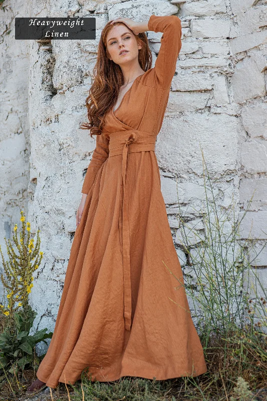 women's high-low dressesLinen Maxi Dress with Tie Belt