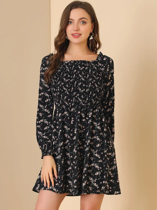 Casual DressMini Smocked Square Neck Long Sleeve Floral Print Dress