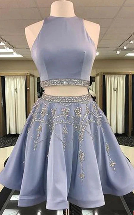 women's casual dressesTwo Piece Blue Scoop-neck Short Mini Prom Dress with Beadings