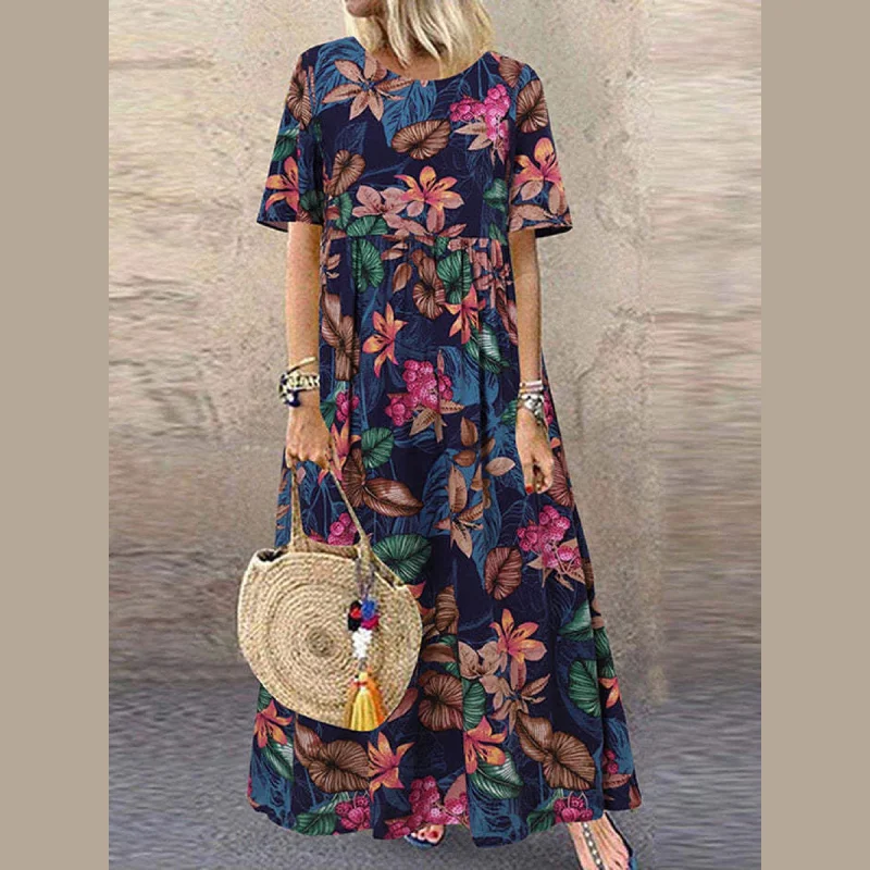 Short-Sleeve DressBoho Summer Floral Dress, Bohemian Maxi Dress For Women