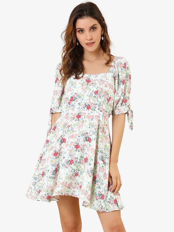 women's lace dressesFloral Printed Sweetheart Neck Puff Sleeve A-Line Mini Dress