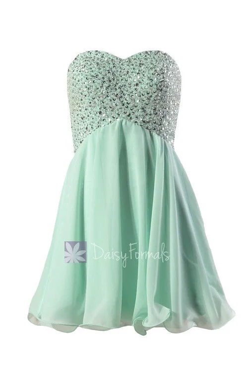 women's satin dressesBeaded Empire Mini Length Prom Dress Sweetheart Mint Chiffon Evening Dress(PR140628)