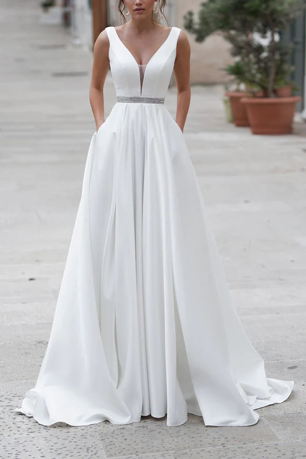 women's maxi dressesA-shaped deep V-neck satin wedding dress with pockets court tail minimalist bride dress