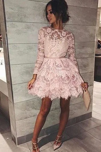 Custom DressA-line Long Sleeve Lace High Neck Zipper Short Mini Homecoming Dress