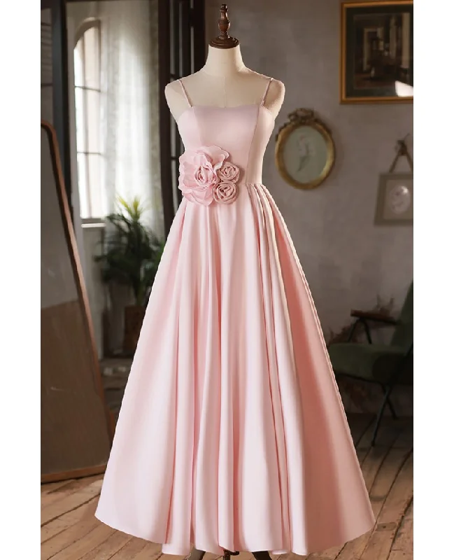 Tall Women DressElegant and minimalist red pink sticker sleeveless off shoulder ball dress with red pink A-line princess thin shoulder strap and backless strap, ground length bridesmaid dress