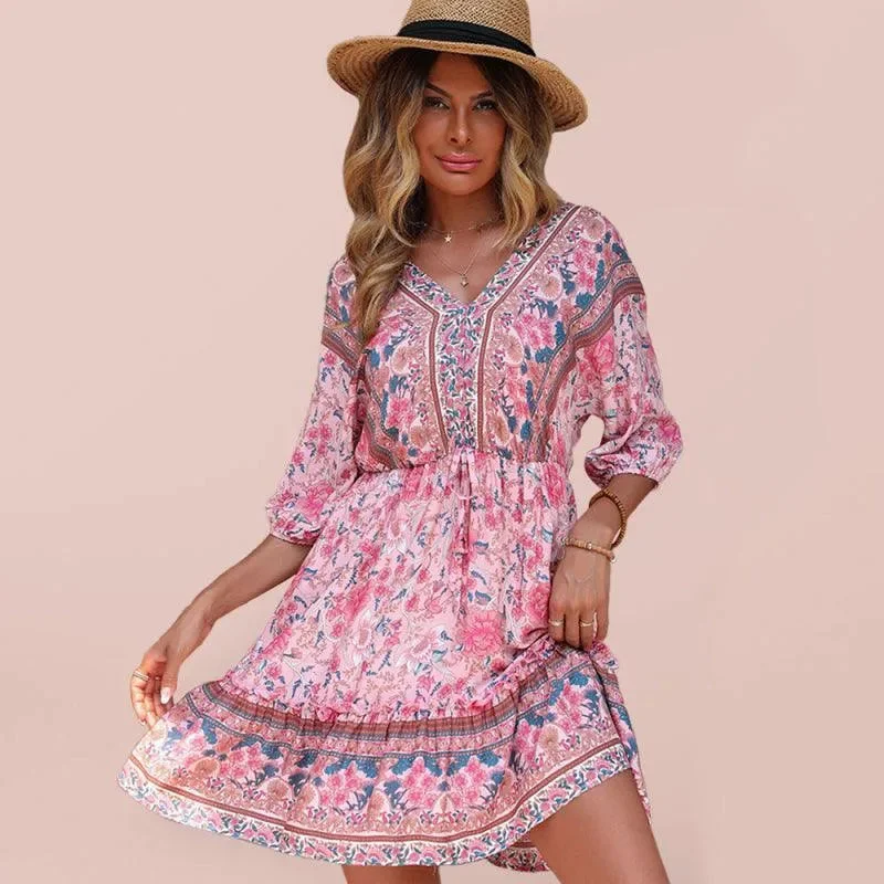 women's spaghetti strap dressesFloral Vintage Loose Mini Dress