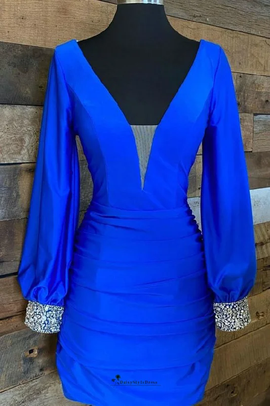 Plunging Neckline DressSexy Mini Long Sleeve Royal Blue Party Dress