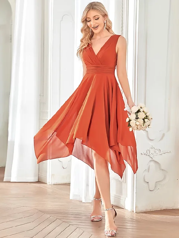 women's bell-sleeved dressesA-Line Bridesmaid Dress V Neck Sleeveless Elegant Short / Mini Chiffon with Pleats / Tier / Solid Color