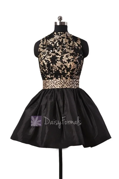 women's cotton dressesGorgeous Black Taffeta Mini Prom Dress W/High Collar and Open Back(PR140425)