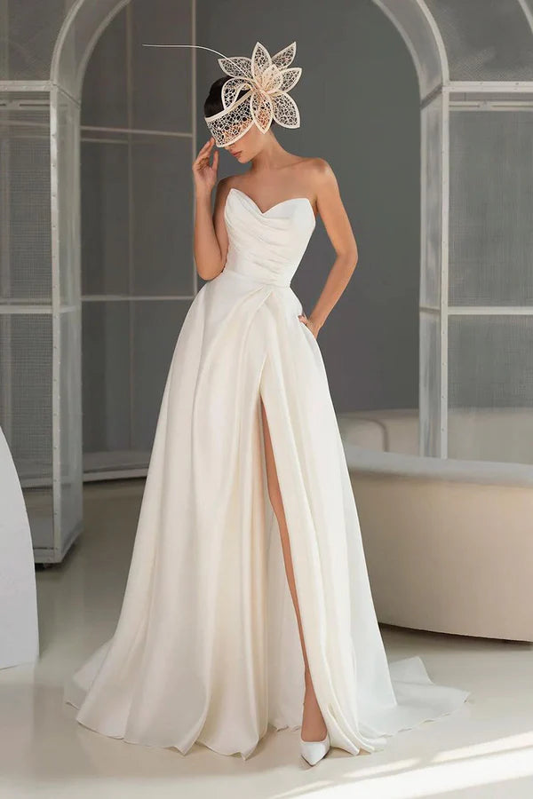 Backless DressA line Sweetheart satin pleated minimalist wedding dress with pockets