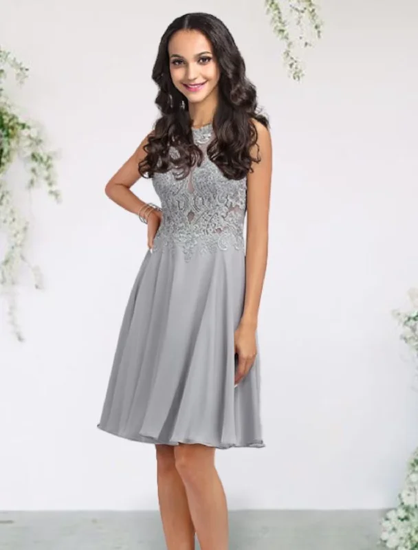 women's bespoke dressesA-Line Bridesmaid Dress Jewel Neck Sleeveless Elegant Short / Mini Chiffon / Lace / Tulle with Pleats / Appliques