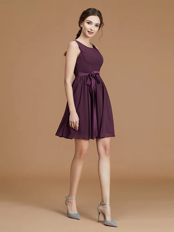 Elegant DressA-Line/Princess Bateau Sleeveless Short/Mini Sash/Ribbon/Belt Chiffon Bridesmaid Dresses