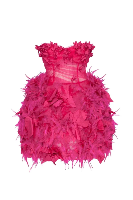 Flowy DressEpic fuchsia tulle mini dress with floral and feather application