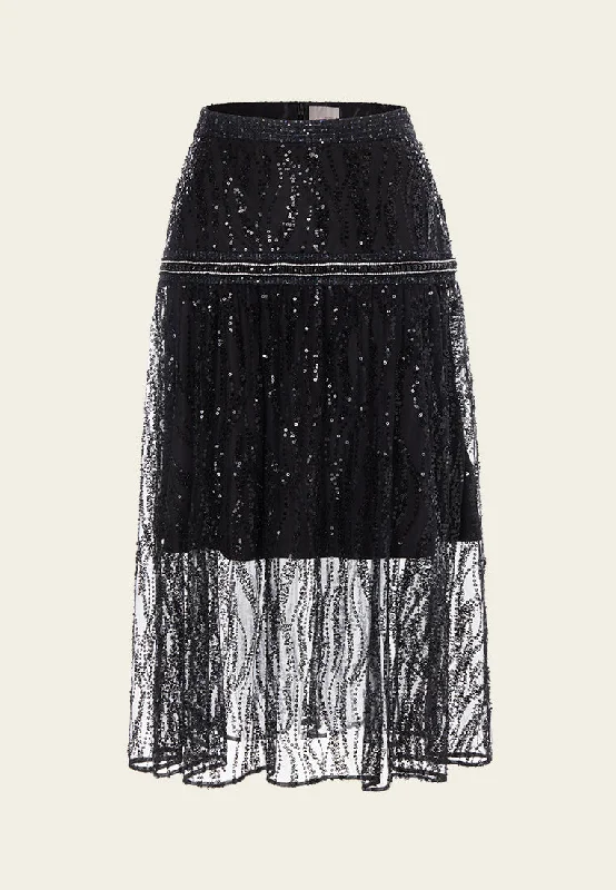 women's winter velvet skirtsBlack Sequin Mesh Midi Skirt