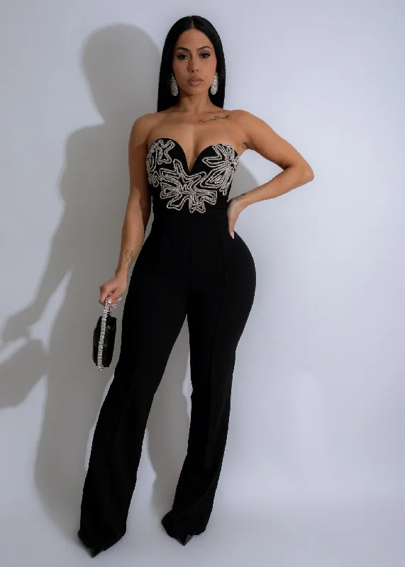 women's bespoke dressesCelestial Bloom Rhinestones Jumpsuit Black