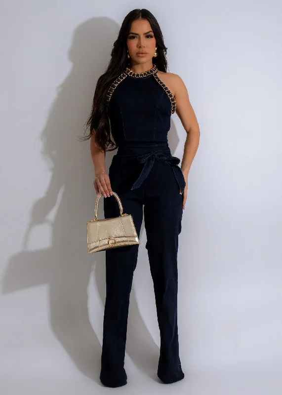 women's shift dressesKiss Me Chain Denim Jumpsuit Dark Denim