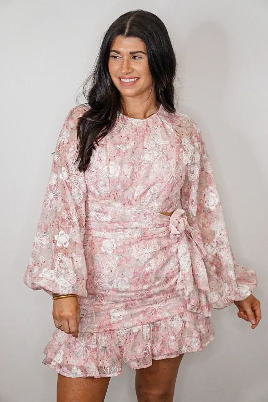 women's long-sleeved dressesPaisley Embroidered Pink Wrap Dress