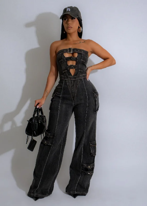 women's bridesmaid dressesSteel Rebel Cargo Denim Jumpsuit Black