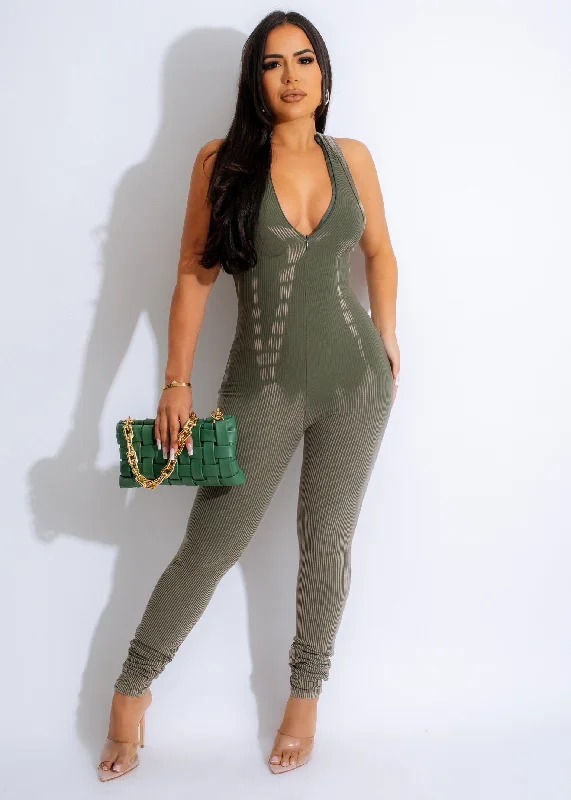 women's cold-shoulder dressesStronger Ribbed Tie Dye Jumpsuit Green