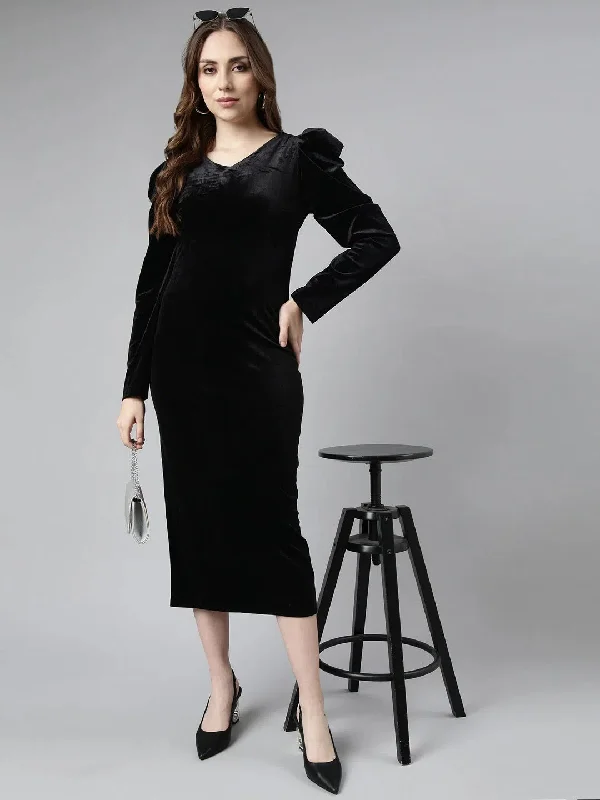 High-Neck DressWomen Black Solid Bodycon Dress-CHN-923-Black