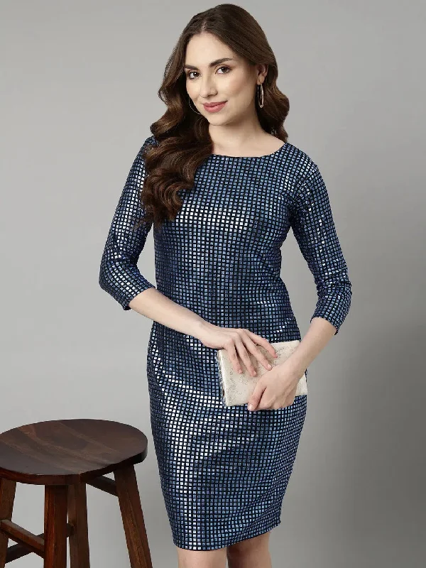 Zip-Up DressWomen Blue Geometric Bodycon Dress-CM-20810-Blue