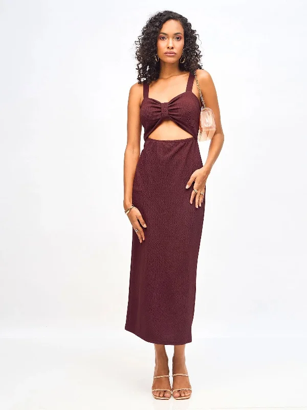 Bell-Sleeve DressWomen Burgundy Waist Cut Out Bodycon Dress