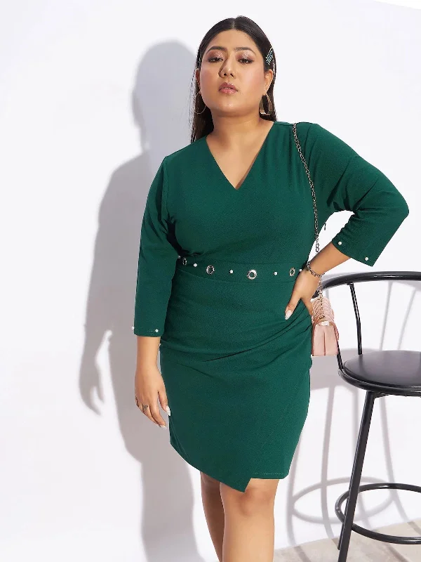 women's breathable dressesWomen Emerald Green Eyelet Detail Bodycon Dress