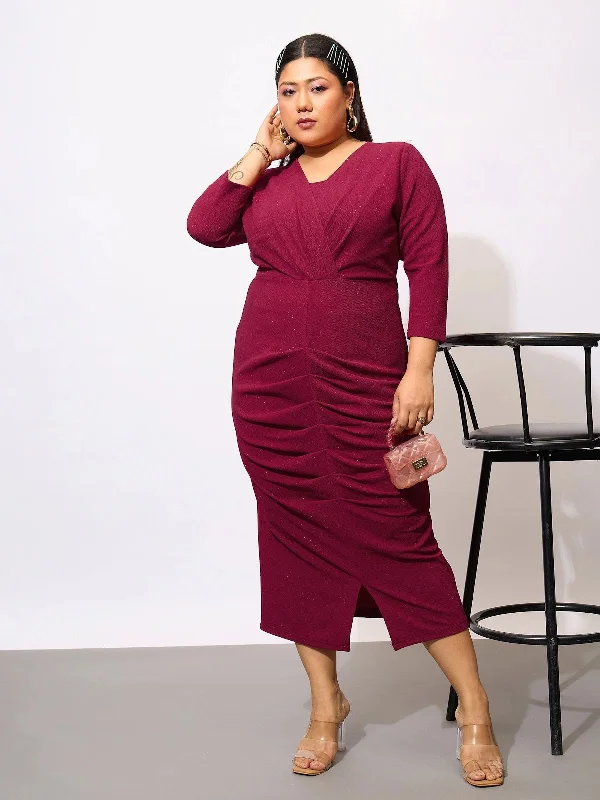 Floral DressWomen Maroon Glitter Front Ruched Bodycon Dress