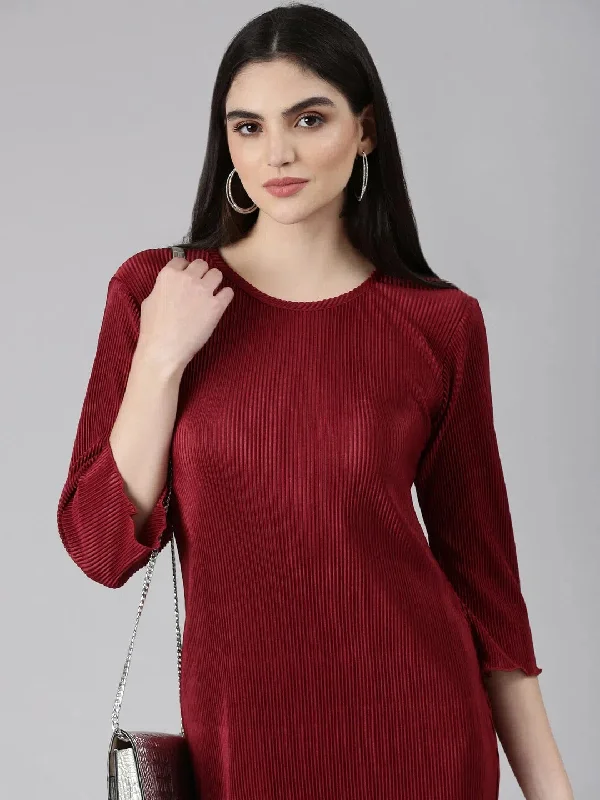 Off-The-Shoulder DressWomen Maroon Solid Bodycon Dress-AE-15909-Maroon