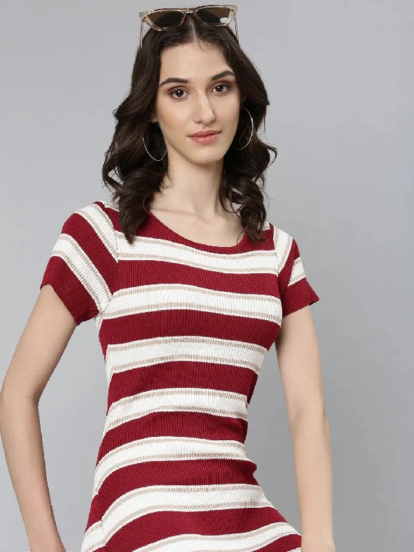 women's designer dressesWomen Maroon Striped Bodycon Dress-SNC-83-28-Maroon