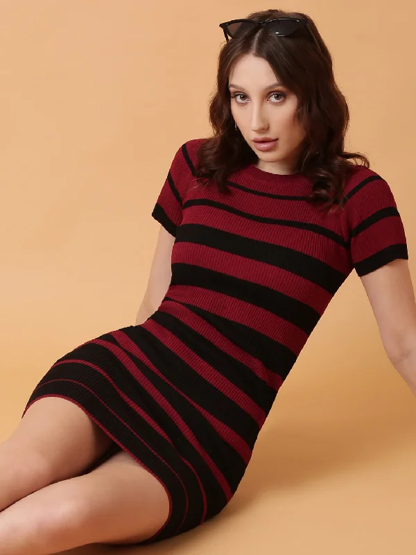 women's bodycon dressesWomen Maroon Striped Bodycon Dress-TG-1260-Maroon