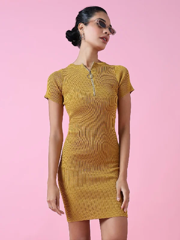 Casual Chic DressWomen Mustard Solid Bodycon Dress-TG-2-Mustard