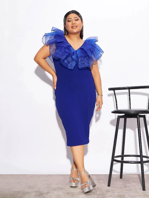 women's vacation dressesWomen Royal Blue Organza Frill Detail Bodycon Dress