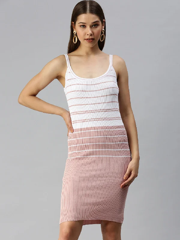 women's fair-trade dressesWomen Shoulder Straps Striped Bodycon Peach Dress-TG-2026-Peachwhite