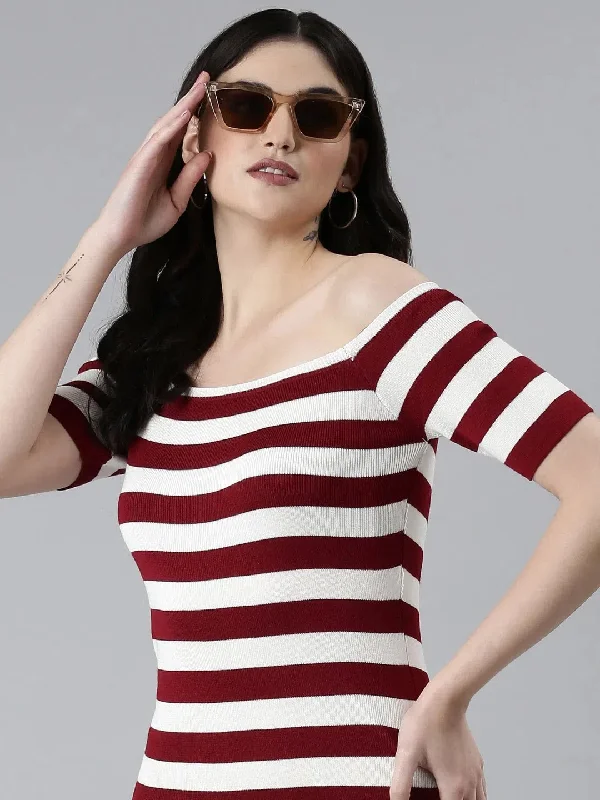 Silk DressWomen White Striped Bodycon Dress-AN-11205-Whitemaroon