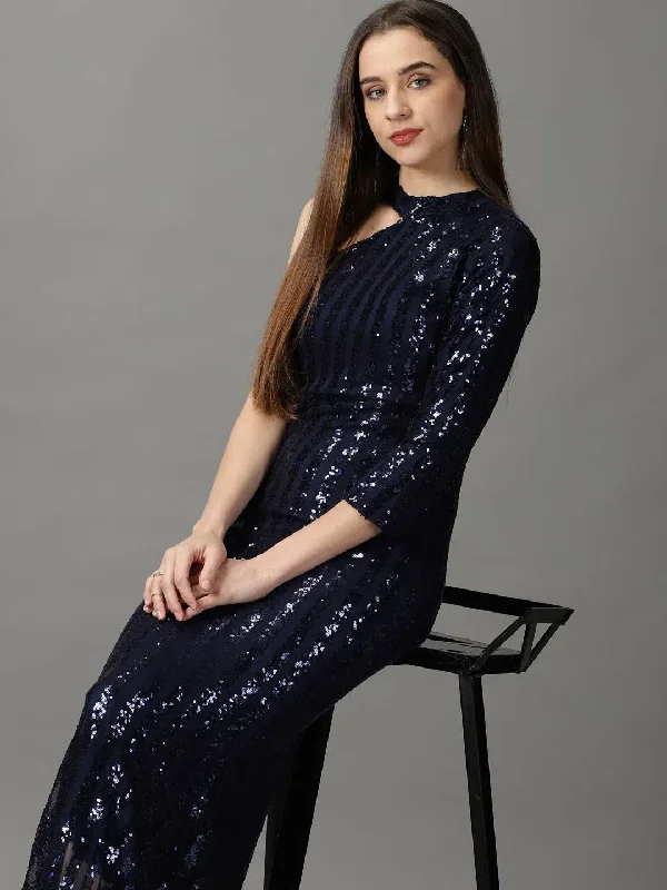 women's long-sleeved dressesWomen's Navy Blue Embellished Bodycon Dress-AE-15922-Navyblue