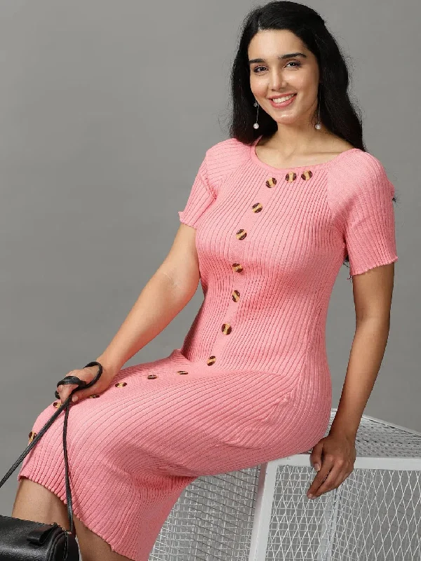 women's work dressesWomen's Pink Solid Bodycon Dress-TG-12259-Pink