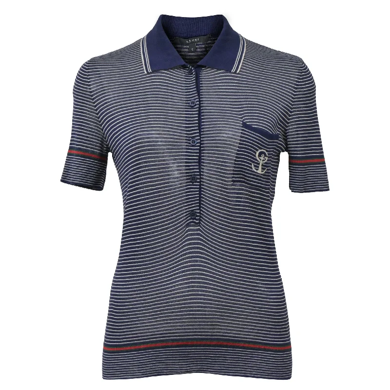 Fair Isle SweatersGucci Striped Knit Polo Shirt in Navy Blue Silk