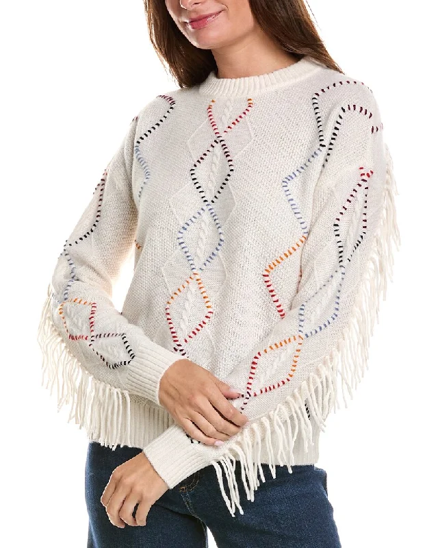 Trendy SweatersMinnie Rose Cable Corded Detail Fringe Cashmere Pullover