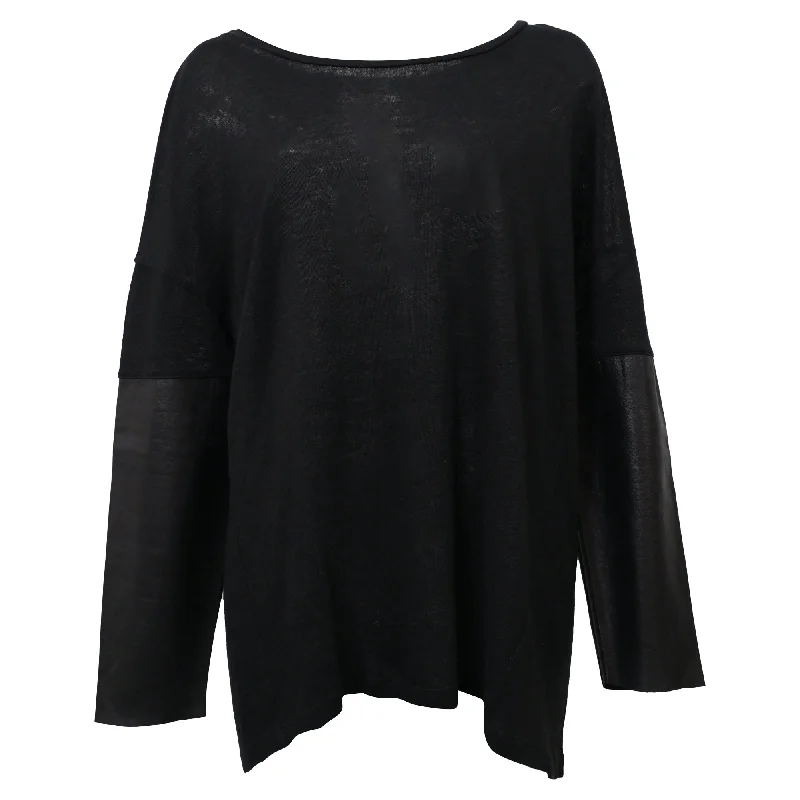 Retro Crewneck SweatersSandro Scoop Neck Top with Leaver Sleeves in Black Linen