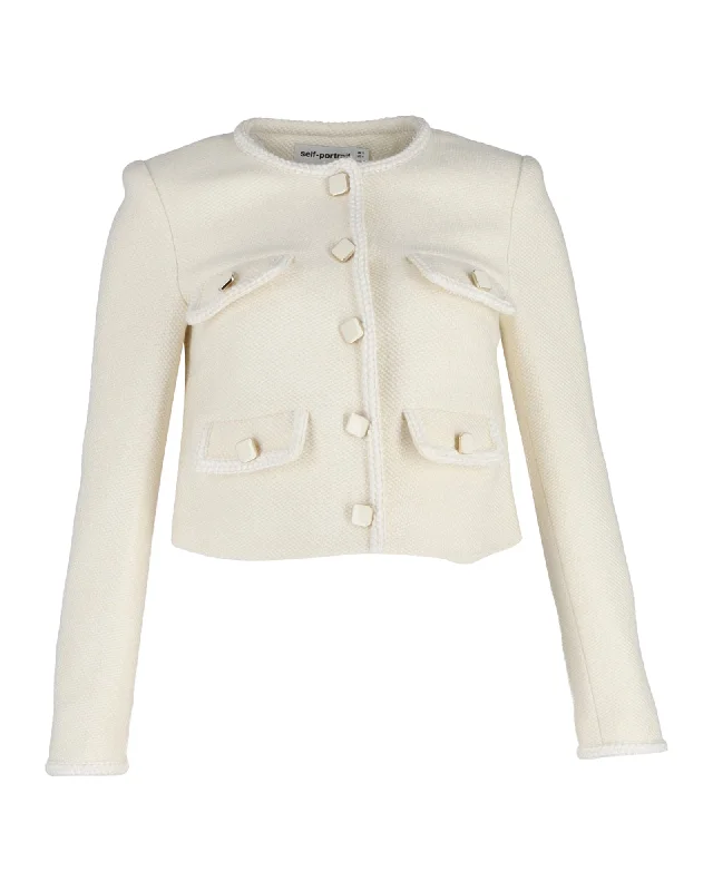 Colorful Casual SweatersSelf-Portrait Boucle Cropped Jacket in Cream Wool Blend