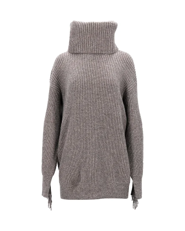 Soft Knitted SweatersStella McCartney Turtleneck Fringed Sweater in Grey Cashmere