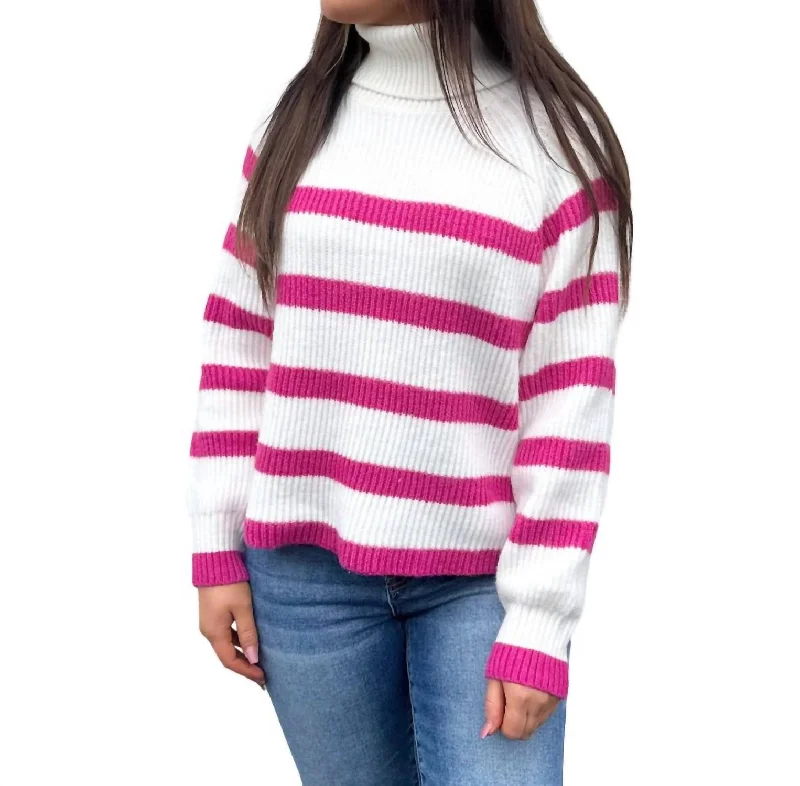 Cashmere Custom Children's SweatersTurtle Neck Contrast Striped Sweater In White/pink